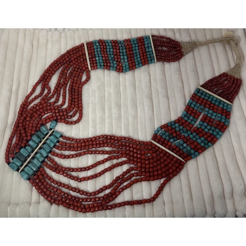 Vintage Traditional Naga Tribal Multi-Strand Beaded Bib Necklace Prosperity 32"